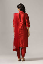 Load image into Gallery viewer, Maroon raw silk sharara set adorned with multi-color resham embroidery, paired with a match net dupatta