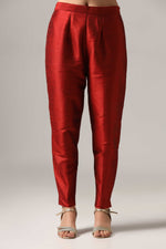 Load image into Gallery viewer, Maroon raw silk kurti paired with pants and a matching net dupatta