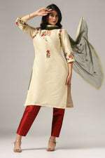 Load image into Gallery viewer, Creme raw silk embroidered kurti paired with pants and a net maching dupatta.