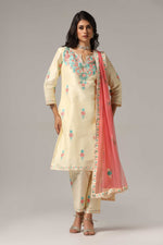 Load image into Gallery viewer, Creme raw silk ari embroidered kurti paired with pants and a net maching dupatta