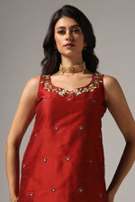 Load image into Gallery viewer, Maroon raw silk sharara set adorned with multi-color resham embroidery, paired with a match net dupatta