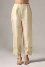 Load image into Gallery viewer, Creme raw silk gold zari embroidered & hand crafted with sequence kurti paired with pants and a net dupatta