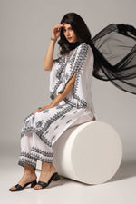 Load image into Gallery viewer, White french crepe resham embroidered kurti paired with pants and a net dupatta