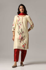 Load image into Gallery viewer, Creme raw silk resham embroidered kurti paired with pants and a net dupatta