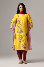 Load image into Gallery viewer, Yellow raw silk resham embroidered kurti paired with pants and a net dupatta