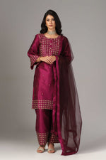 Load image into Gallery viewer, Purple raw silk gold zari embroidered & hand crafted with sequence kurti paired with pants and a net dupatta
