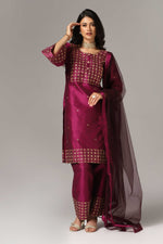 Load image into Gallery viewer, Purple raw silk gold zari embroidered & hand crafted with sequence kurti paired with pants and a net dupatta