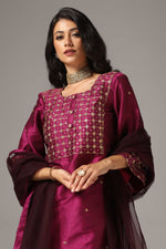 Load image into Gallery viewer, Purple raw silk gold zari embroidered & hand crafted with sequence kurti paired with pants and a net dupatta