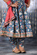 Load image into Gallery viewer, Blue Jaipuri Double Print Anarkali with Dhoti Salwar Suit Set