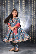 Load image into Gallery viewer, Blue Jaipuri Double Print Anarkali with Dhoti Salwar Suit Set