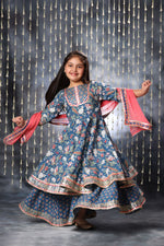 Load image into Gallery viewer, Blue Jaipuri Double Print Anarkali with Palazzo Suit Set