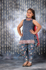 Load image into Gallery viewer, Blue Jaipuri Double Print Short Kurti with Dhoti Salwar Suit Set