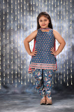 Load image into Gallery viewer, Blue Jaipuri Double Print Short Kurti with Dhoti Salwar Suit Set