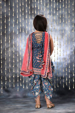 Load image into Gallery viewer, Blue Jaipuri Double Print Short Kurti with Dhoti Salwar Suit Set