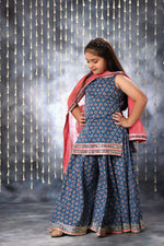 Load image into Gallery viewer, Blue Jaipuri Double Print Short Kurti with Flared Palazzo Suit Set