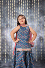 Load image into Gallery viewer, Blue Jaipuri Double Print Short Kurti with Flared Palazzo Suit Set