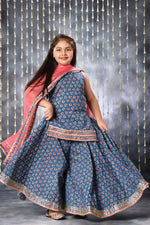 Load image into Gallery viewer, Blue Jaipuri Double Print Short Kurti with Flared Palazzo Suit Set