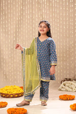 Load image into Gallery viewer, Blue Jaipuri Front Open Straight Kurta with Pant Suit Set