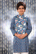 Load image into Gallery viewer, Blue Jaipuri Handblock Buti Print Kurta with White Pant Co-ord Set and Blue Floral Jacket