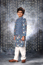 Load image into Gallery viewer, Blue Jaipuri Handblock Floral Print Kurta with white Pant Co-ord Set and Blue Buti Jacket