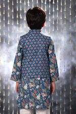 Load image into Gallery viewer, Blue Jaipuri Handblock Floral Print Kurta with white Pant Co-ord Set and Blue Buti Jacket