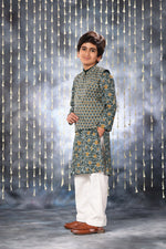 Load image into Gallery viewer, Grey Jaipuri Handblock Print Kurta Co-ord Set with Solid Collar Design and Grey Jacket