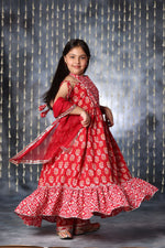 Load image into Gallery viewer, Red Jaipuri Double Print Long Kurta Frock Suit Set