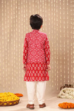 Load image into Gallery viewer, Red Jaipuri Handblock Floral Print Long Kurta Co-ord Set with Red Ikat Print Jacket