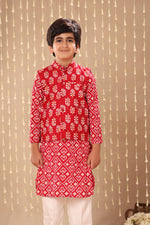 Load image into Gallery viewer, Red Jaipuri Handblock Ikat Print Long Kurta Co-ord Set with Red Floral Print Jacket