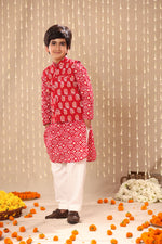 Load image into Gallery viewer, Red Jaipuri Handblock Ikat Print Long Kurta Co-ord Set with Red Floral Print Jacket