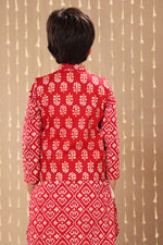 Load image into Gallery viewer, Red Jaipuri Handblock Ikat Print Long Kurta Co-ord Set with Red Floral Print Jacket