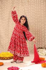 Load image into Gallery viewer, Red Jaipuri Print Balloon Sleeve Maxi with Pant Suit Set