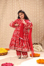 Load image into Gallery viewer, Red Jaipuri Print Balloon Sleeve Maxi with Pant Suit Set