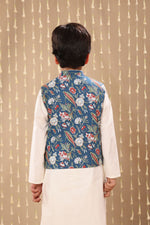 Load image into Gallery viewer, White Kurta Pyjama Co-ord Set with Blue Jaipuri Floral Print Jacket
