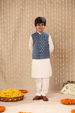 Load image into Gallery viewer, White Kurta Pyjama Co-ord Set with Blue Jaipuri Buti Print Jacket
