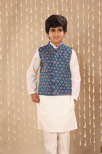 Load image into Gallery viewer, White Kurta Pyjama Co-ord Set with Blue Jaipuri Buti Print Jacket