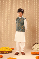 Load image into Gallery viewer, White Kurta Pyjama Co-ord Set with Grey Jaipuri Floral Print Jacket