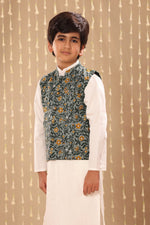 Load image into Gallery viewer, White Kurta Pyjama Co-ord Set with Grey Jaipuri Floral Print Jacket