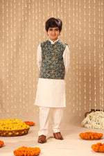Load image into Gallery viewer, White Kurta Pyjama Co-ord Set with Grey Jaipuri Floral Print Jacket