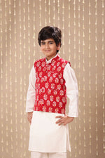 Load image into Gallery viewer, White Kurta Pyjama Co-ord Set with Red Jaipuri Floral Print Jacket