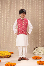 Load image into Gallery viewer, White Kurta Pyjama Co-ord Set with Red Jaipuri Ikat Print Jacket
