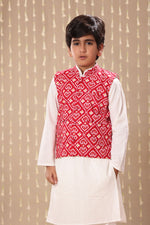 Load image into Gallery viewer, White Kurta Pyjama Co-ord Set with Red Jaipuri Ikat Print Jacket