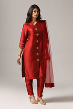 Load image into Gallery viewer, Maroon raw silk sharara set adorned with multi-color resham embroidery, paired with a match net dupatta
