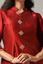 Load image into Gallery viewer, Maroon raw silk kurti paired with pants and a matching net dupatta
