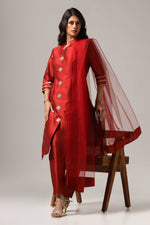 Load image into Gallery viewer, Maroon raw silk kurti paired with pants and a matching net dupatta

