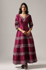 Load image into Gallery viewer, Purple raw silk machine embroidered anarkali paired with churidar and a matching net dupatta.
