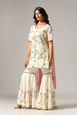 Load image into Gallery viewer, Cream-colored French crepe sharara set with multi-color resham embroidery with net dupatta
