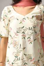Load image into Gallery viewer, Cream-colored French crepe sharara set with multi-color resham embroidery with net dupatta
