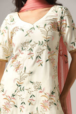 Load image into Gallery viewer, Cream-colored French crepe sharara set with multi-color resham embroidery with net dupatta
