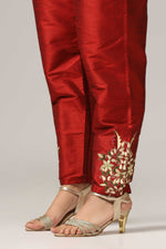 Load image into Gallery viewer, Creme raw silk embroidered kurti paired with pants and a net maching dupatta.
